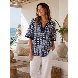 J.Crew Navy White Geometric Boho Tunic Split Neck 3/4 Sleeve Blouse Top S